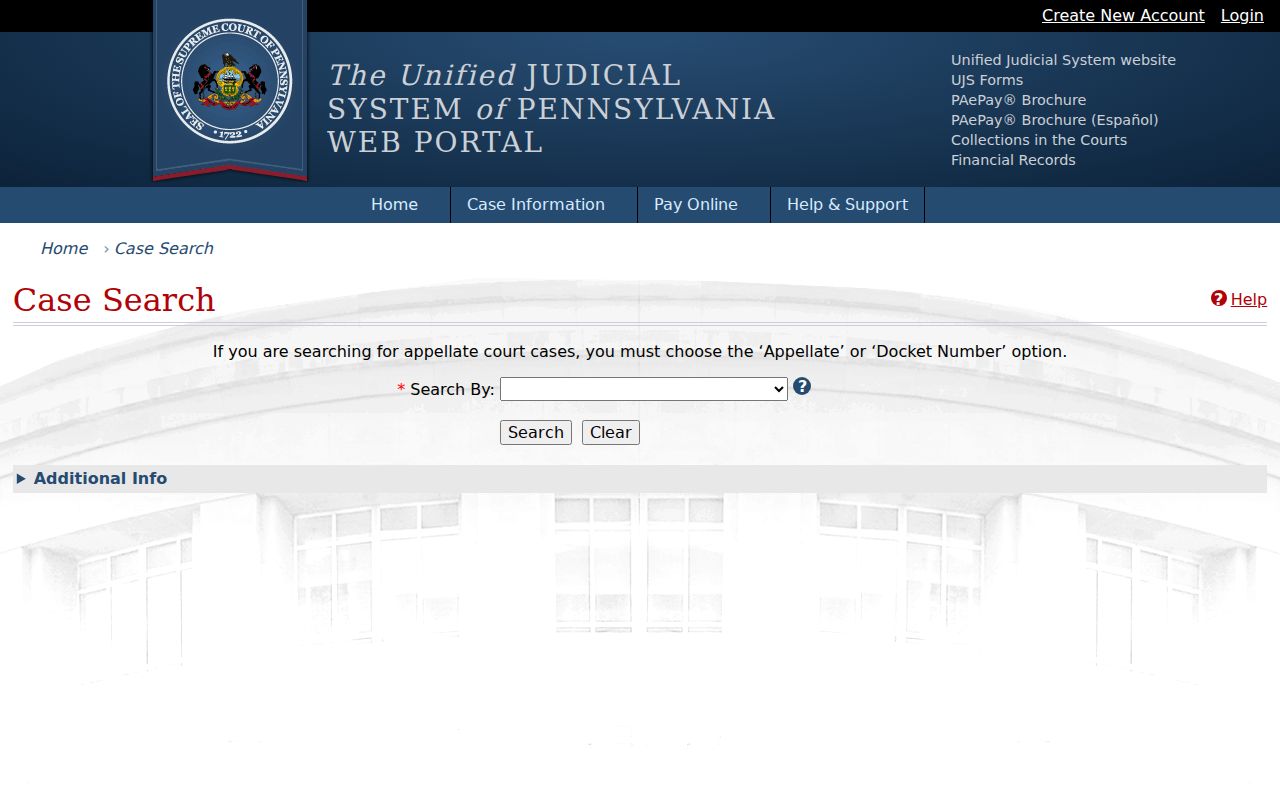 Erie County criminal court case search controls in the UJS portal