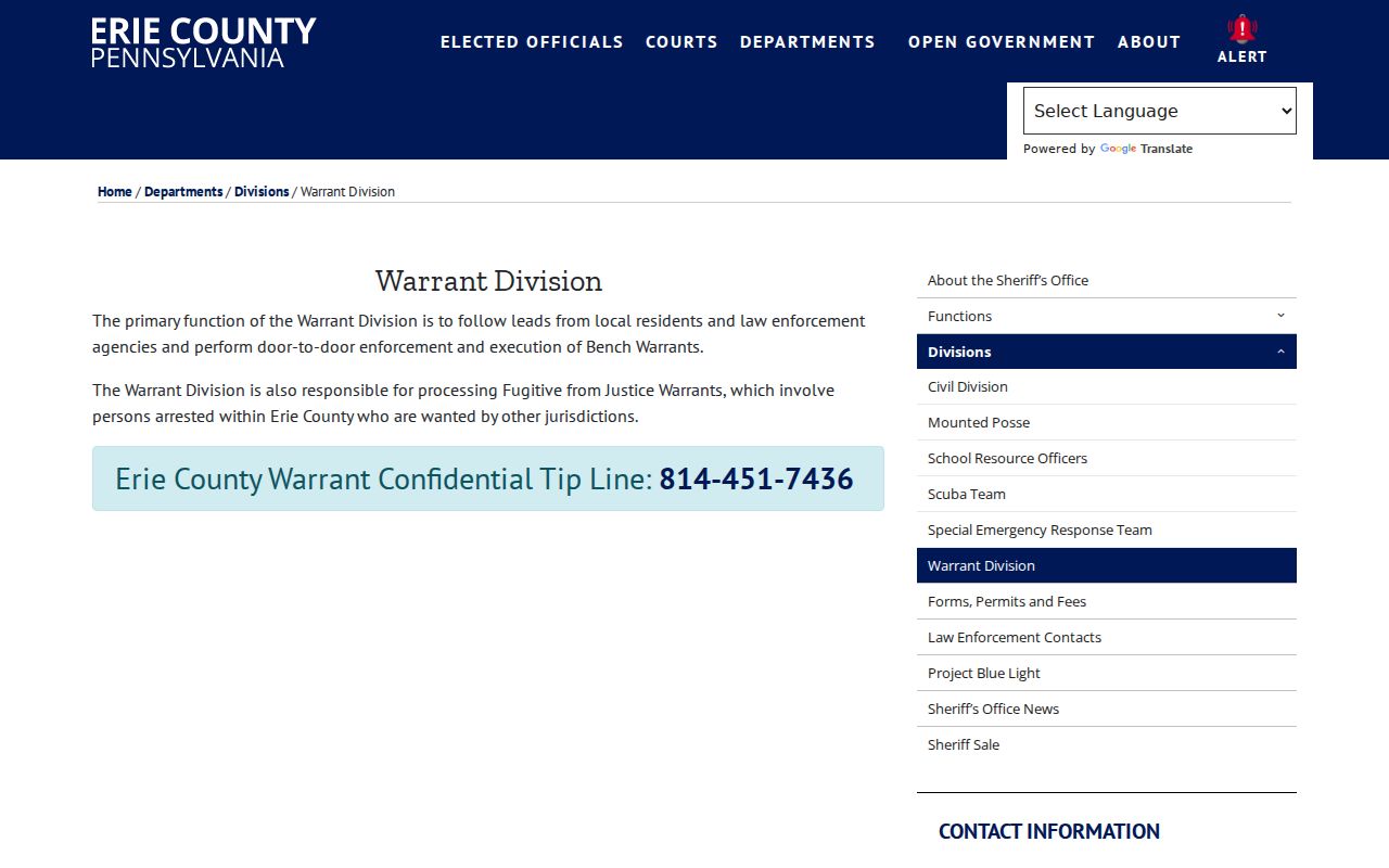 Erie County criminal history warrant division information